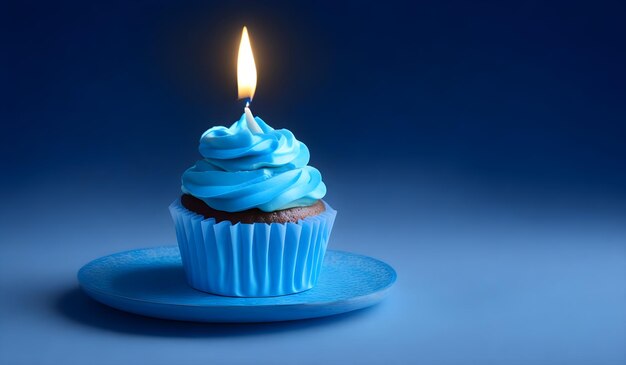 Birthday Cupcake With Candle And Blue Decoration AI Generative