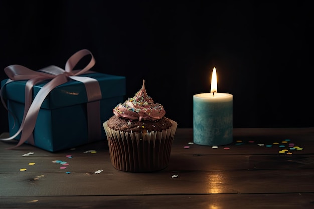 Birthday cupcake with candle and gift box on wooden table A cupcake with a birthday candle on it and a gift on the side AI Generated