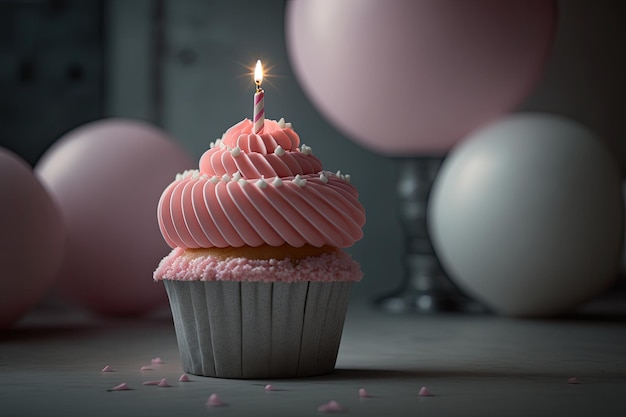 Birthday Cupcake with Candle Illustration Generative AI