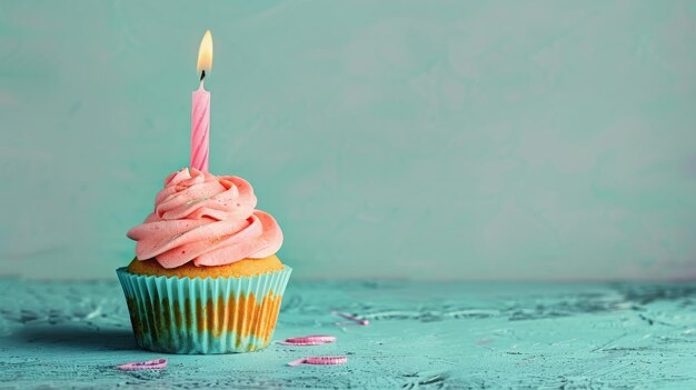 Birthday cupcake with candle on light blue table against blurred blue background Party banner with