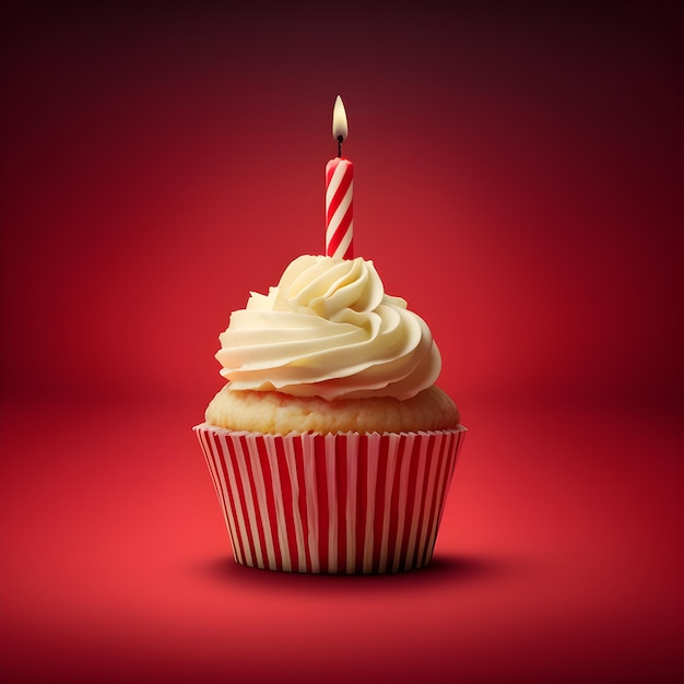 Birthday cupcake with candle on red background