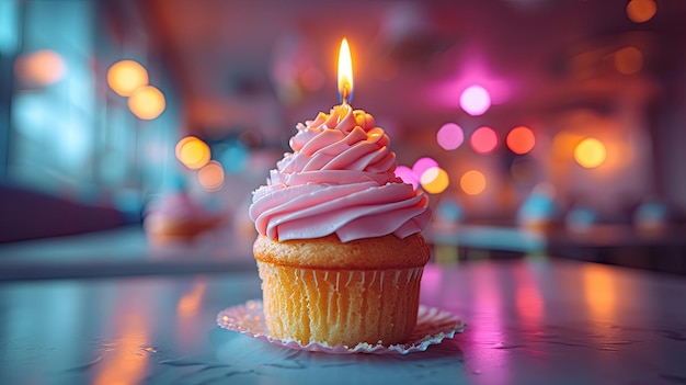 Birthday Cupcake with Lit Candle and Pink Sprinkles