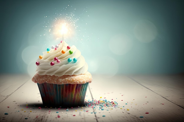 A birthday cupcake with a plain background