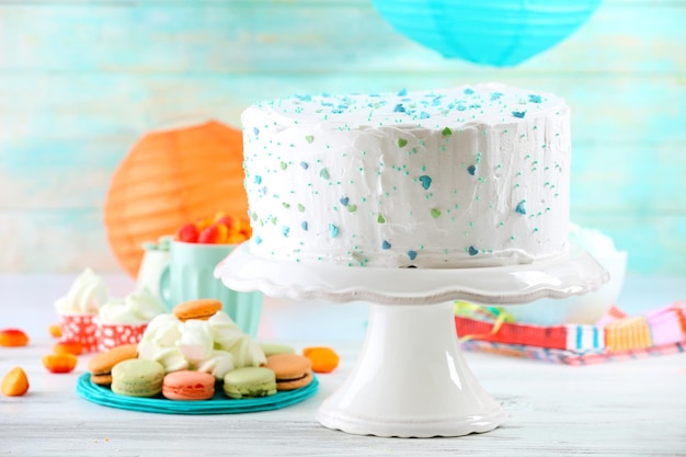 Birthday decorated cake on colorful background