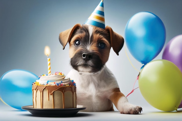 A birthday dog with a birthday cake and balloons