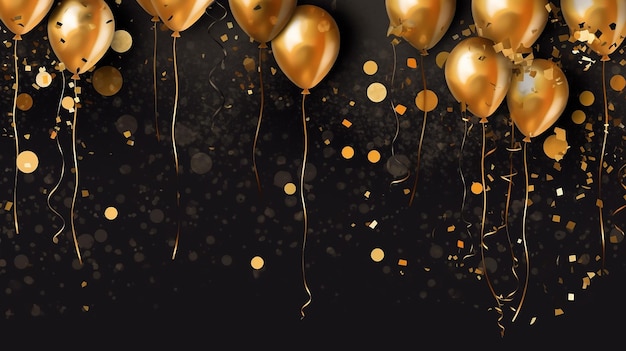 Birthday elegant greeting card with gold balloons and black background Generative AI