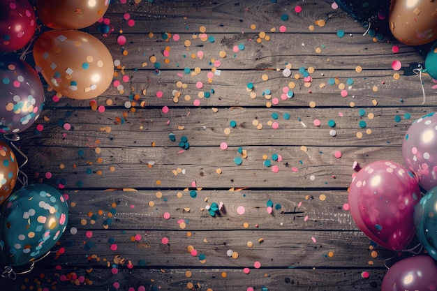 Photo birthday frame with party balloons and confetti on a wooden board background