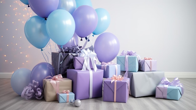 birthday gifts and beautiful balloons birthday background