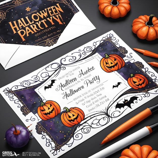 a birthday invitation for halloween with a pumpkin and a card for halloween party