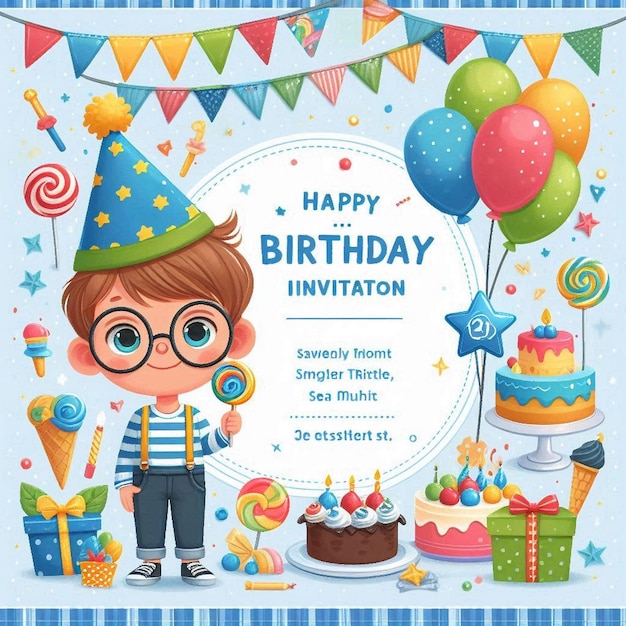 Photo a birthday invitation with a cartoon girl and boy