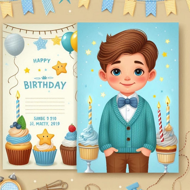 Photo a birthday invitation with a cartoon girl and boy