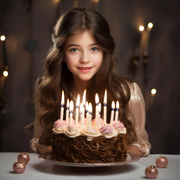 birthday little girl with long brown hair blows out candles on a chocolate cake with roses