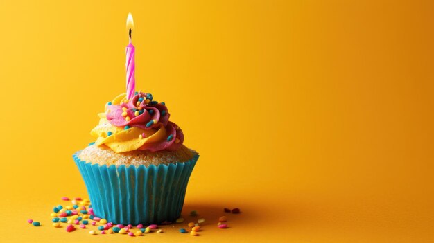 birthday minimalist vivid background with cupcake with candle