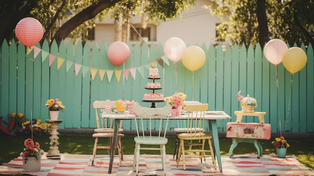 a birthday party in a backyard with balloons and a tree