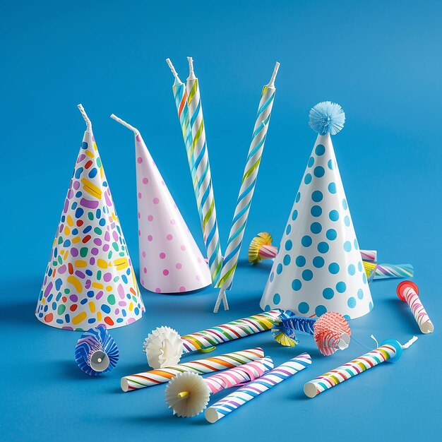 Birthday party close up blower and candles on blue background