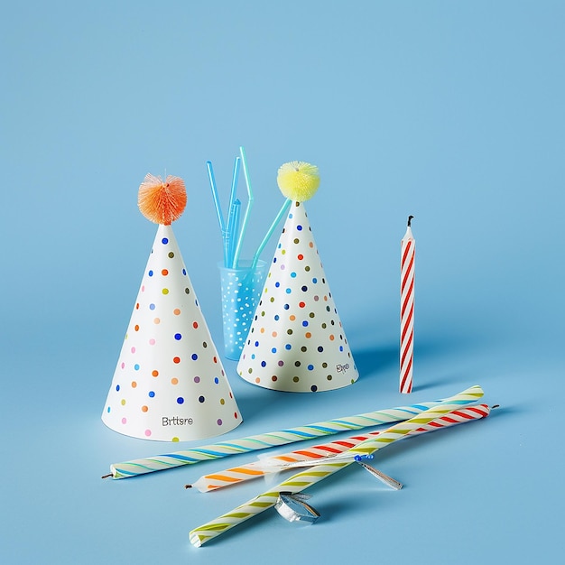 Photo birthday party close up blower and candles on blue background