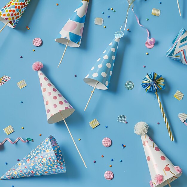 Photo birthday party close up blower and candles on blue background