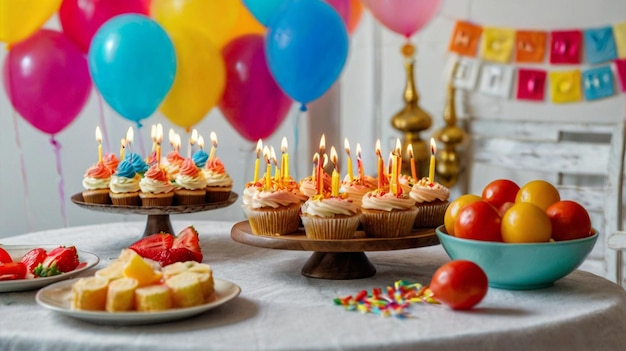 Birthday party eatables placed on table with other items