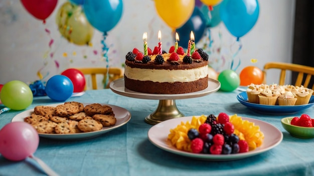 Birthday party eatables placed on table with other items