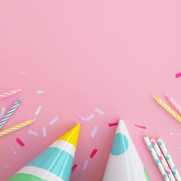 Birthday party and festive decoration on pink background