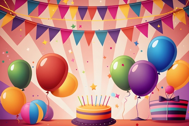 Birthday party illustration with cake and air balloons