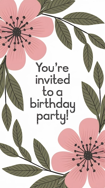 Photo birthday party invitation card template with spring vibe flower pattern cartoon style