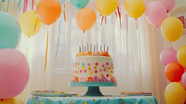 Photo a birthday party setup with colorful balloons a decorated cake and streamers hanging from the ceiling