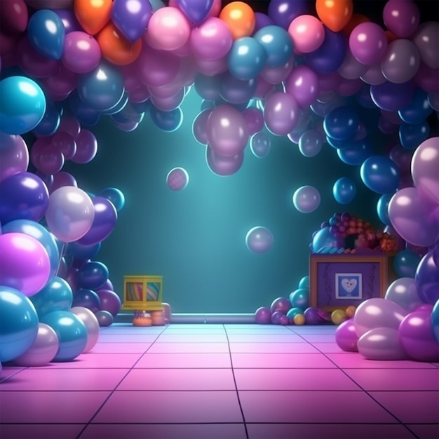 Birthday party stage with colorful balloons arrangement