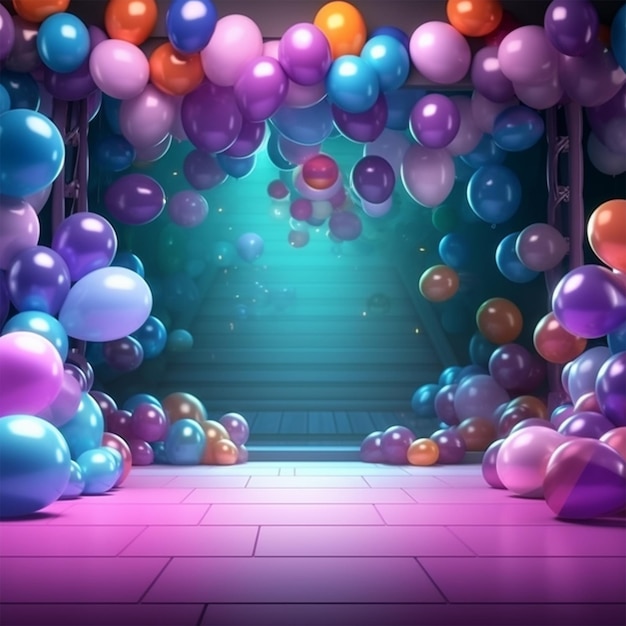 Birthday party stage with colorful balloons arrangement