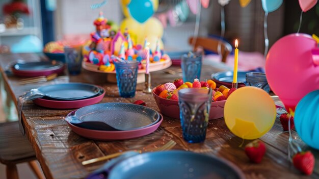 Photo birthday party table setting with colorful balloons and fruit salad