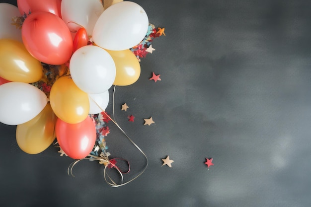 Photo birthday party template with colorful balloons top view on gray concrete background