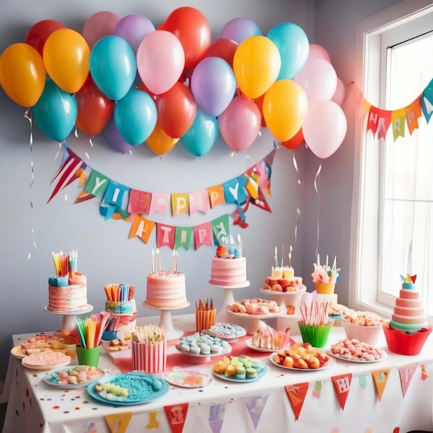 a birthday party with balloons and a banner that says happy birthday