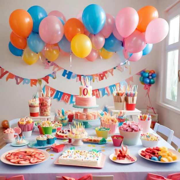 a birthday party with balloons and birthday cake on a table