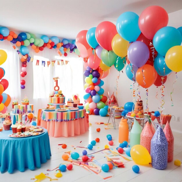 a birthday party with balloons and a birthday cake on the table