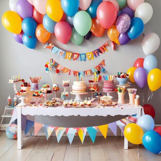 a birthday party with balloons and a birthday cake on a table