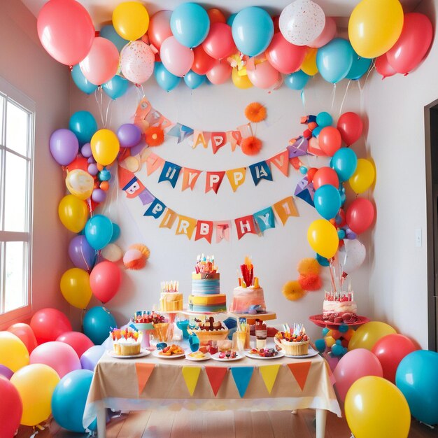 a birthday party with balloons and a birthday cake on the wall