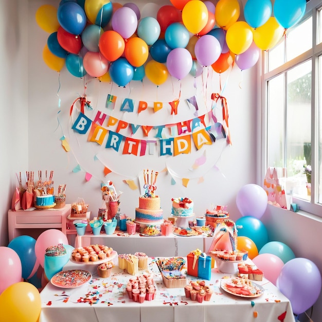 a birthday party with balloons and a birthday cake on the wall