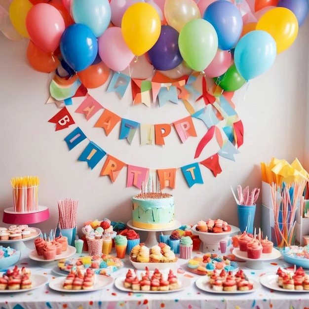 a birthday party with balloons and a birthday cake on the wall