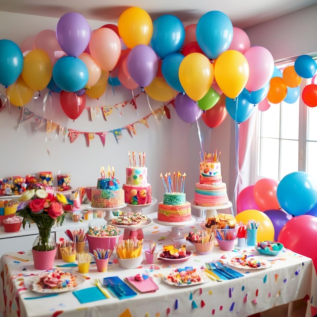 a birthday party with balloons and a birthday cake with a birthday cake on the table