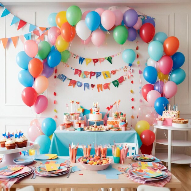 a birthday party with balloons and a birthday cake with the words happy birthday on the wall