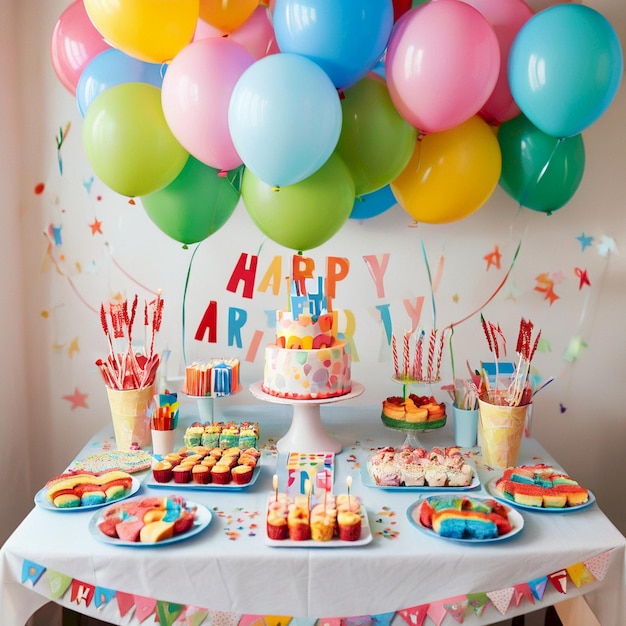 a birthday party with balloons and a cake on a table