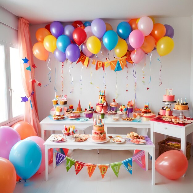 a birthday party with balloons and a cake with a birthday cake on the top