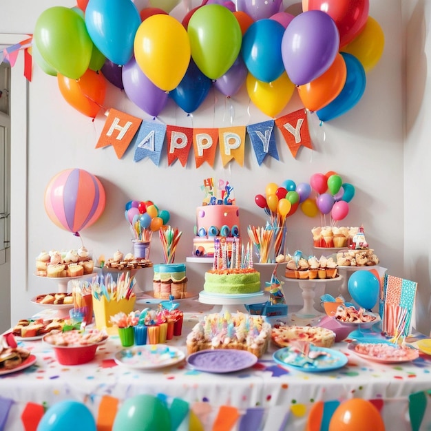 a birthday party with balloons and a cake with the words happy birthday on it