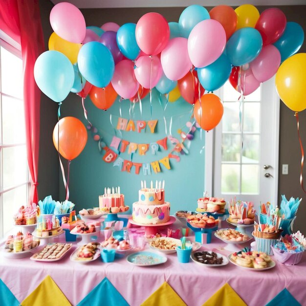 a birthday party with balloons and a cake with the words happy birthday on the wall