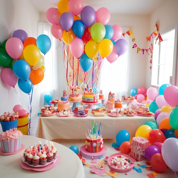 a birthday party with balloons and candles on the table