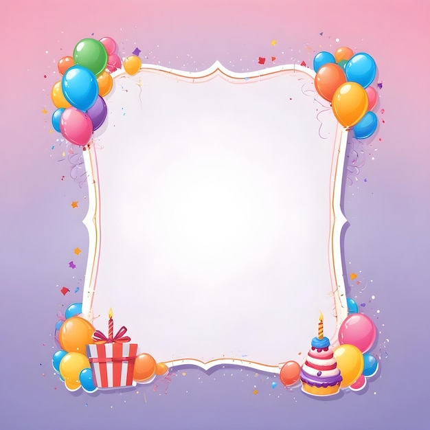 a birthday party with a birthday cake and balloons on the purple background