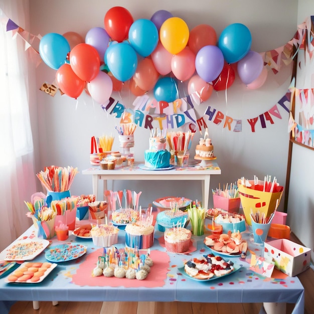 a birthday party with a birthday party on the table