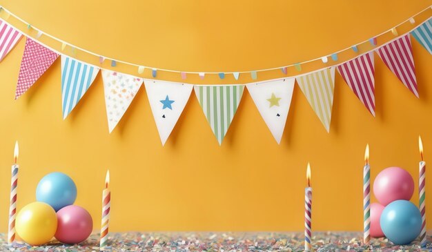 a birthday party with a yellow wall and two candles