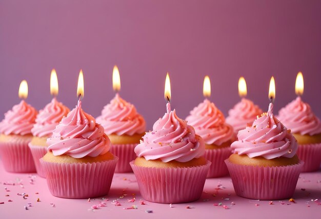 Birthday pink cupcakes with burning candles