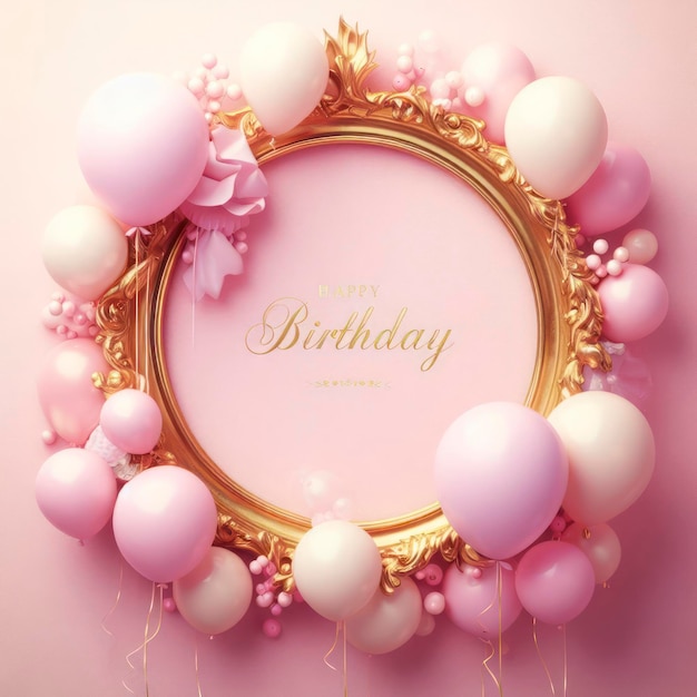 Birthday pink golden frame with pastel balloons on pink background ai generative